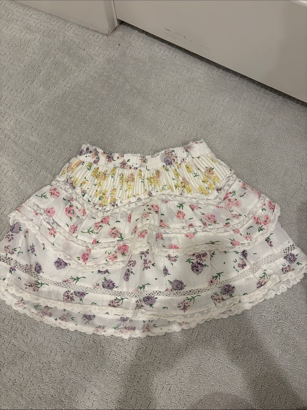 LoveShackFancy White Floral Tiered Mini Skirt with Pink, Purple & Yellow Accents